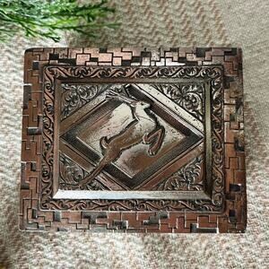 Art Deco Hinged Metal Match Trinket Box Deer Reindeer Wood Lining Japan Vintage